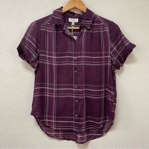 NWT Lucky Braden’s Maroon Plaid Sheer Button Down Short Sleeve Sz S/P